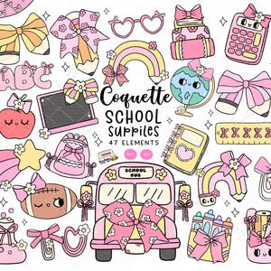 Retro Groovy Schule Versorgung png, Kokette Schule PNG Girly Schulbedarf Clipart Set, Rosa Kokette Lehrer, Rosa Schulbus, Bleistiftschleife