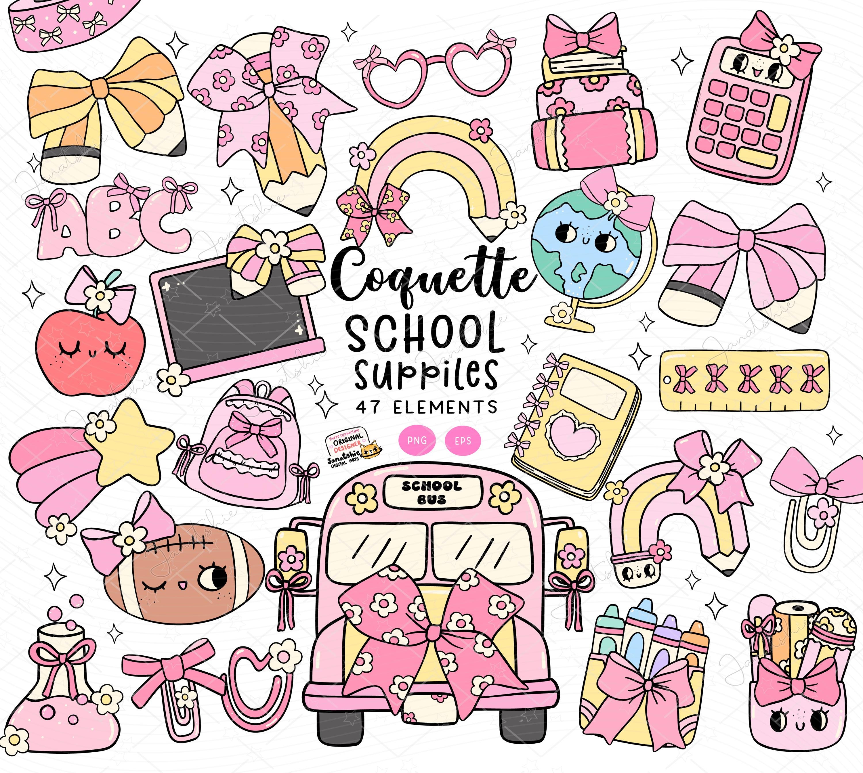 Coquette School PNG Girly School Supplies Clipart Set Pink Coquette Teacher Bow Girl School bus Pencil bow png cheer bow Cartoon Doodle