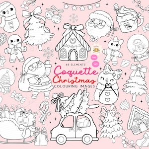 Imagen para colorear de Navidad coqueta Paquete de imágenes prediseñadas de Navidad en blanco y negro retro preppy Lazo navideño femenino para colorear página y sello digital