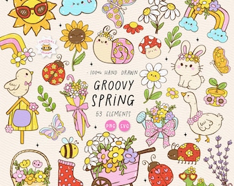 Może przedstawiać: Zestaw 53 ręcznie rysowanych, groovy ilustracji wiosennych w fantazyjnym stylu. Ilustracje obejmują kwiaty, motyle, ślimaka, królika, gęś, biedronkę, tęczę, słońce, chmurę, ptaka, konewkę, kalosze, koszyk, robaka, roślinę lawendy i wiele innych. Ilustracje idealnie nadają się do dodania wiosennego akcentu do Twoich projektów.