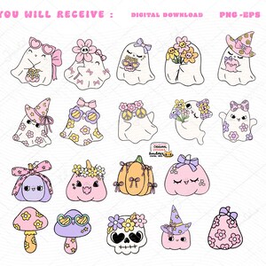 Groovy Pastel Halloween Clipart Pastel ghost png Girly Coquette Ghost png Retro Flower Ghost png Kawaii spooky cartoon doodle clip art
