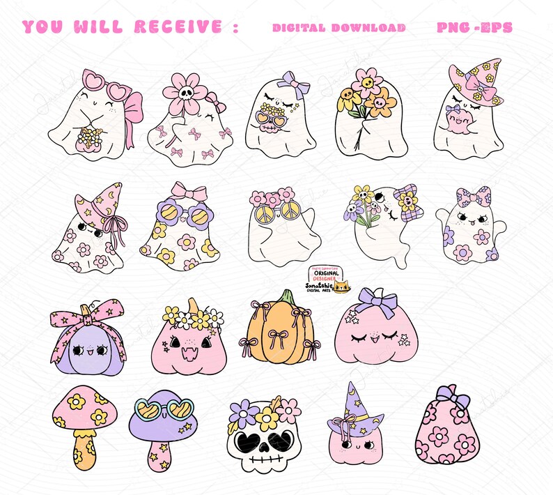 Groovy Pastel Halloween Clipart Pastel ghost png Girly Coquette Ghost png Retro Flower Ghost png Kawaii spooky cartoon doodle clip art
