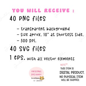 May include: A digital download listing for 40 PNG and 40 SVG files, plus 1 EPS file. The files feature a transparent background and are approximately 10 inches at the shortest side. The resolution is 300 DPI. The text "YOU WILL RECEIVE:" is at the top of the image. The text "NOTE** THIS ITEM IS DIGITAL PRODUCT. NO PHYSICAL ITEM WILL BE SHIPPED." is at the bottom of the image.