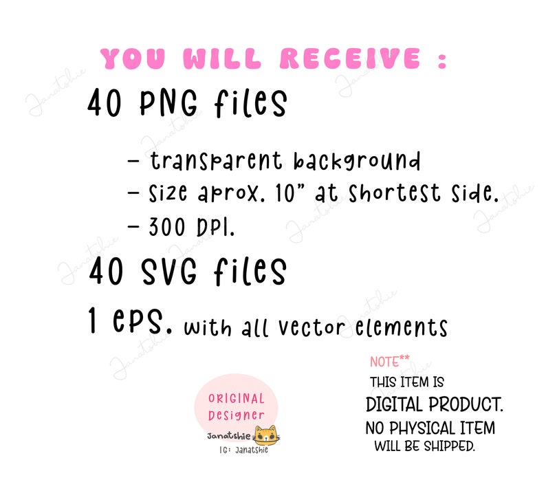May include: A digital download listing for 40 PNG and 40 SVG files, plus 1 EPS file. The files feature a transparent background and are approximately 10 inches at the shortest side. The resolution is 300 DPI. The text "YOU WILL RECEIVE:" is at the top of the image. The text "NOTE** THIS ITEM IS DIGITAL PRODUCT. NO PHYSICAL ITEM WILL BE SHIPPED." is at the bottom of the image.
