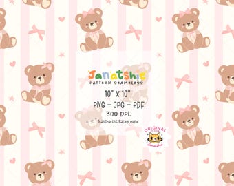 Coquette Teddy Bear Pattern: Vintage Bow Digital Paper (PNG, JPG, PDF)