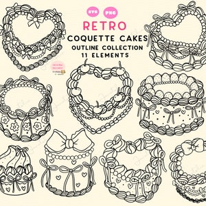 Gâteau rétro svg doodle contour vintage gâteau png coquette gâteau d'anniversaire clipart gâteau de mariage des années 90 art ligné art.