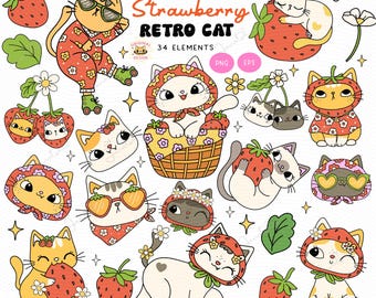 Retro Cottagecore Strawberry Cat Doodle Hand Drawn PNG EPS Clipart Set,  Groovy Spring Funny Cat Cartoon Character