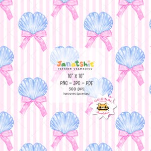 Papel tapiz digital de acuarela de verano pastel con patrón sin costuras de concha coqueta, concha femenina con lazo, diseño estético de pescador costero preppy
