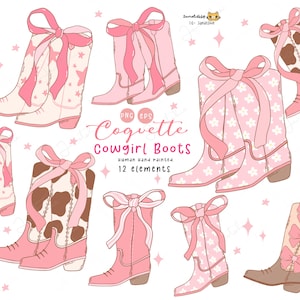 May include: A set of 12 hand-painted pink cowgirl boots with various designs, including stars, flowers, and cow print. The boots have pink bows and are perfect for adding a touch of whimsy to any project.
