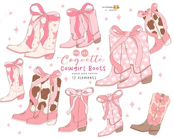 Coquette cowgirl-laarzen PNG: girly cowboylaarzen met roze strik Clip Art Set