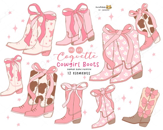 Coquette Cowgirl Boots PNG: Girly Cowboy Boots with Pink Bow Clip Art Set