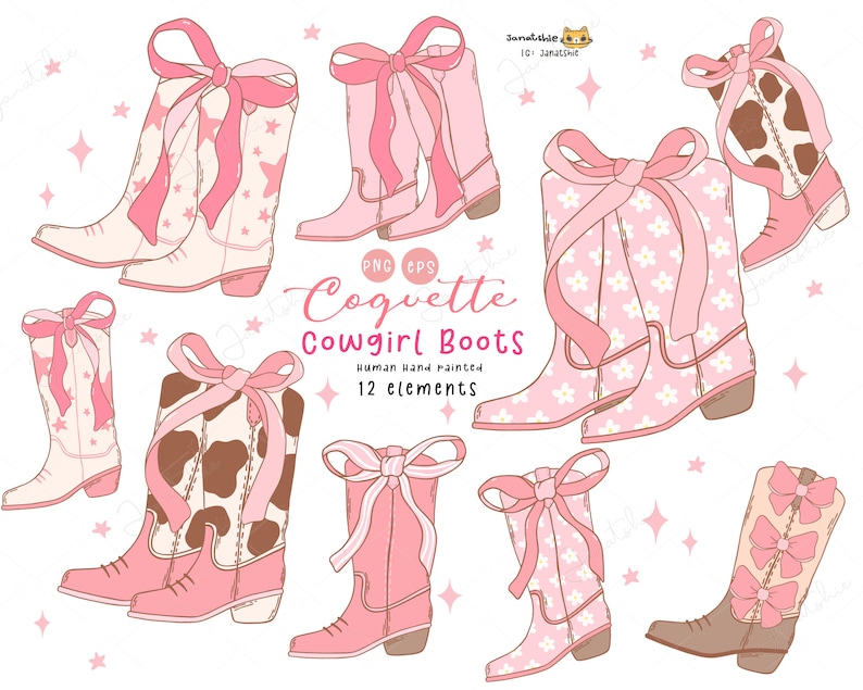 May include: A set of 12 hand-painted pink cowgirl boots with various designs, including stars, flowers, and cow print. The boots have pink bows and are perfect for adding a touch of whimsy to any project.