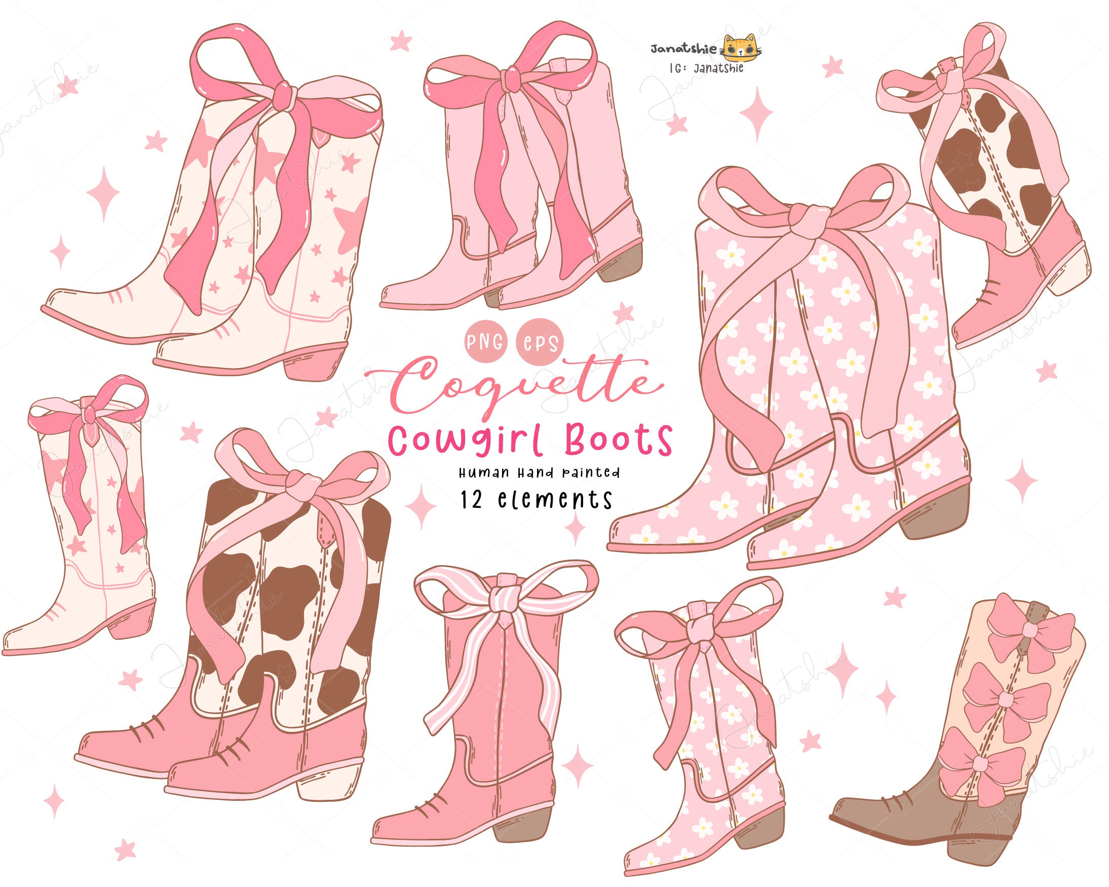 Coquette Cowgirl Boots PNG, EPS Clipart Set, Pink Cowgirl Boots PNG