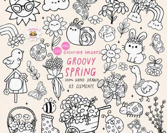 Groovy Spring Animal Cottagecore Outline Coloring Pages Clipart Set (PNG SVG)