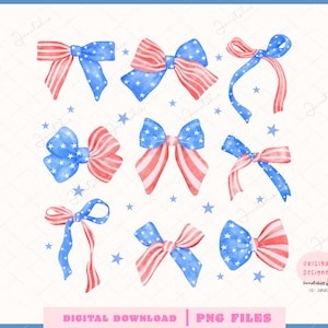 Lazo de coqueta del 4 de julio PNG collage de 3x3 - Lazo de cinta patriota preppy Acuarela PNG Camiseta vintage pastel suave para niña de la era estadounidense Sublimación.