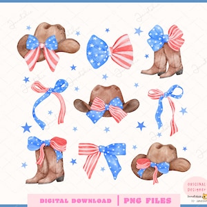 Kokette 4. Juli Cowgirl Stiefel und Hut PNG Collage - Unabhängigkeit Band Bogen Aquarell PNG - Soft Girl America Era Shirt Sublimation.