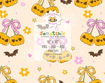 Halloween Pumpkin Cherries Seamless Pattern, Girly Coquette Style (PNG, JPG, PDF)