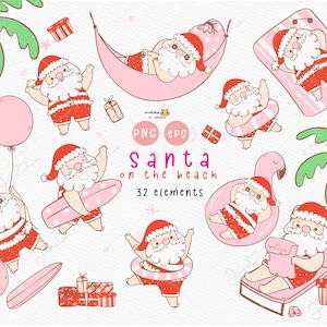 Retro tropical Santa Groovy Summer Santa Christmas png pink Christmas Hawaii Santa Claus Australia Christmas kawaii clipart