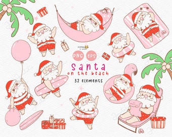 Clipart de Papá Noel Tropical: PNG navideño de verano con mucho estilo (32 elementos)