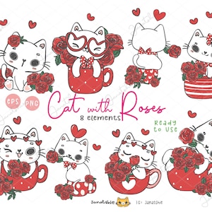Gatto retrò kawaii di San Valentino con fiori e rose Gatto civettuolo png Gatto femminile png Gattino di San Valentino vintage clipart Cartone animato Scarabocchio Disegno a mano