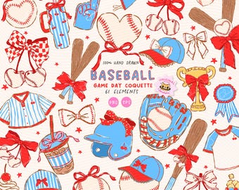 Coquette Baseball PNG Clipart | Girly Game Day | Sports Bow Hand Drawn | Commercial Use