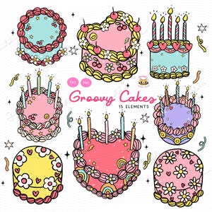 Torta a forma di cuore alla moda png Torta retrò vintage svg Torta di compleanno funky scarabocchio disegnato a mano clipart foderato