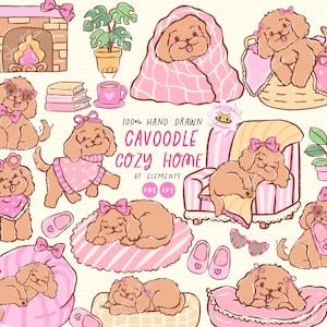 Caramel Cavapoo Dog Clipart Set: Girly Puppy Cavoodle Cozy Home Hand Drawn (PNG EPS)