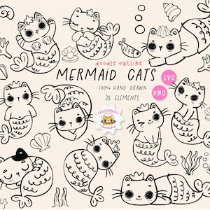 Cute Kawaii Cat Outline Mermaid Cat Doodle outline svg Digital Stamps Clipart Set Playful Kitten Cartoon Cat Hand Drawn