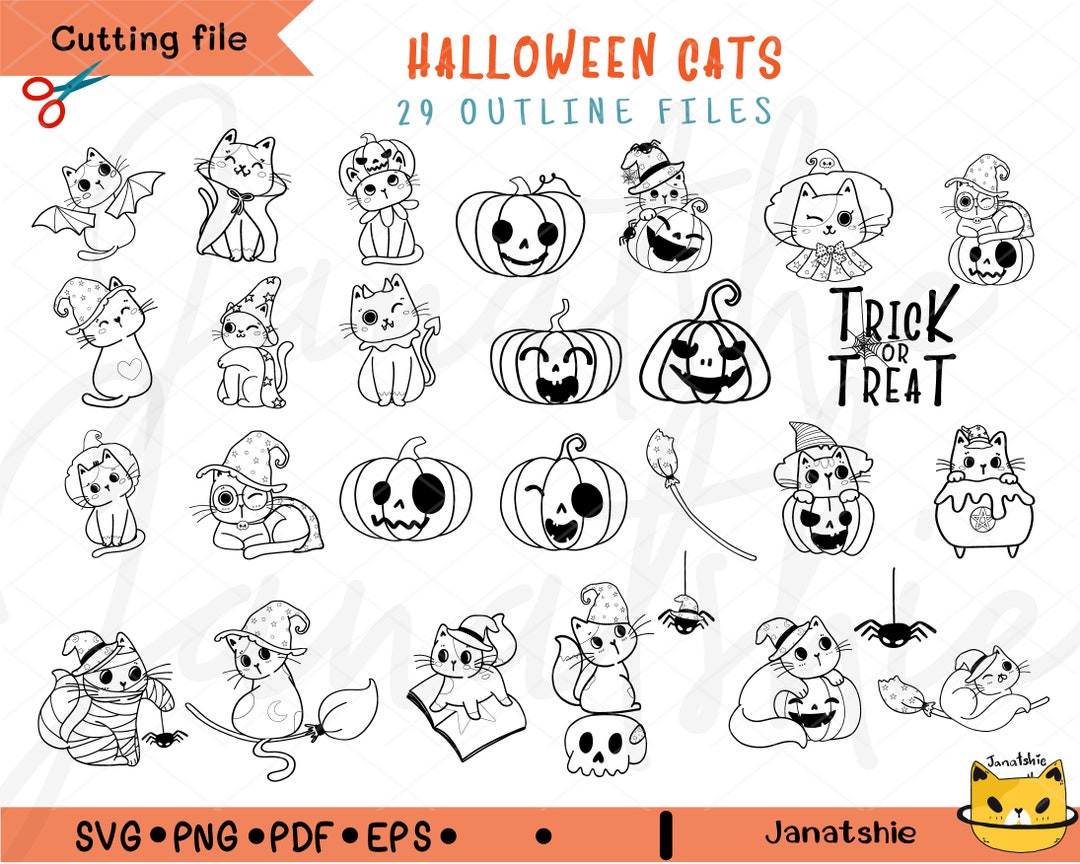 Halloween Outline Svg Digital Stamp, Cat Outline Svg, Digital Sticker ...