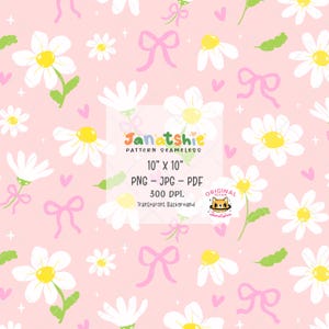Kokette Pastell Frühling Nahtlose Muster Niedliche Gänseblümchen mit rosa Schleife wiederholenden Hintergrund Girly Tapete digitales Papier PNG JPG PDF
