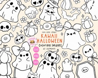 Girly Coquette Halloween Clipart Set: Kawaii Ghost & Pumpkin Outlines (PNG, SVG, EPS)
