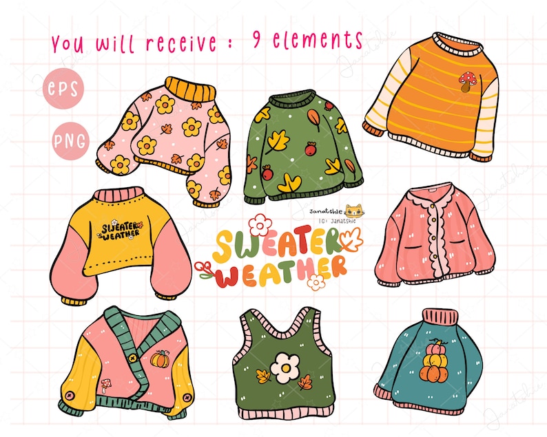 Retro Autumn Sweater Weather PNG EPS Clipart Set | Cozy Fall Doodle Hand Drawn Clip Art | Cute Retro Fall Fashion | Warm Autumn Illustration. 

Cozy up your designs with this Retro Autumn Sweater Weather Clipart Set — a hand-drawn collection of warm and whimsical fall illustrations perfect for celebrating your favorite season! Featuring doodles oversized sweaters.