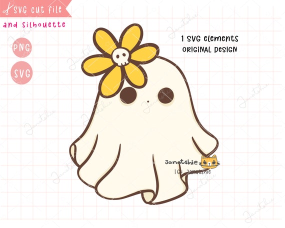 Cute Ghost With Flower SVG , Kawaii Halloween Daisy Ghost Clipart