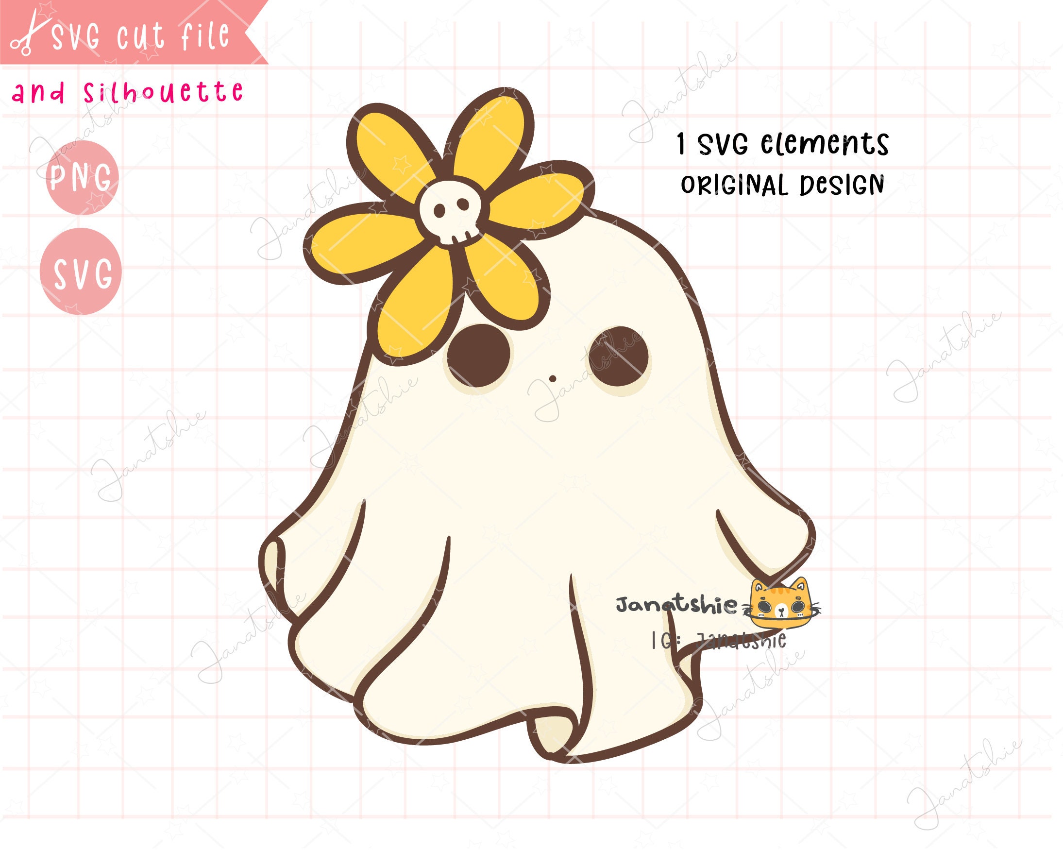 Kawaii Halloween Ghost Clipart: Retro Daisy Flower (SVG/PNG
