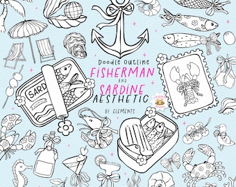 Girly Fischer Sardine Clipart-Set: Schwarz-weiße Coquette Doodles (SVG, PNG)