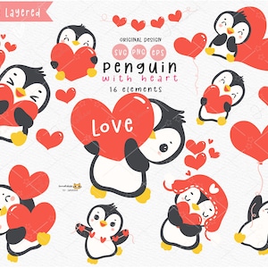 Lindo bebé pingüino Clipart set SVG, pingüino de San Valentín con corazón PNG, animal feliz dibujos animados dibujados a mano PNG, EPS - Descarga digital adorable