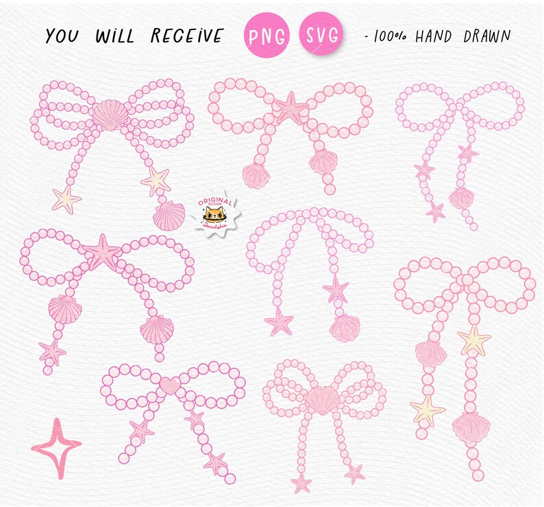 Pearl Bow Seashell Summer Clipart: Retro Coquette Coastal Hand Drawn ...
