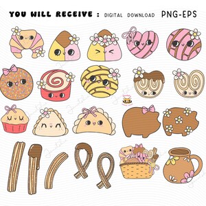 Cute Mexican Pan Dulce Clipart Groovy Retro Concha Clipart Girly Conchas PNG Mexican Bread PNG Bundle doodle hand drawing digital sticker