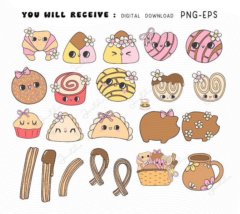 Cute Mexican Pan Dulce Clipart Groovy Retro Concha Clipart Girly Conchas PNG Mexican Bread PNG Bundle doodle hand drawing digital sticker