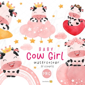 Ensemble de cliparts aquarelle bébé vache fille - baby shower rose, anniversaire, pépinière art animalier de la ferme png thumbnail