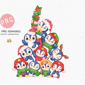 Clipart pyramide de Noël pingouin mignon - Aquarelle PNG | Design ludique pour les fêtes