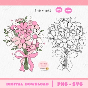 Flor coqueta png Ramo de margaritas retro flores SVG flores con lazo contorno de garabato, diseño de camiseta de moda, archivo de corte SVG