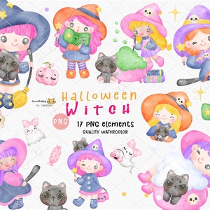 Bruja de Halloween retro maravillosa, personaje de dibujos animados kawaii, acuarela, vibrante pintura pastel a mano