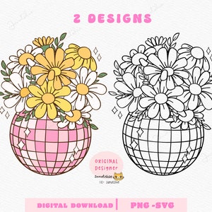Disco Ball Flower SVG Groovy Flower Power Disco Ball Planter SVG Trendy Sublimation T-Shirt Print Design