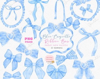 Blue Coquette Bow PNG Clipart Set: Girly Watercolor Ribbon & Frame (Digital Download)