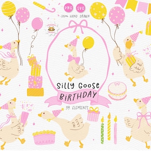 Süße rosa Alberngans Geburtstag SVG PNG, Babypartygans, Partygans auf dem Lose, Alberne Gans mit Partyhut, Kinderzimmer-Kid-Design.