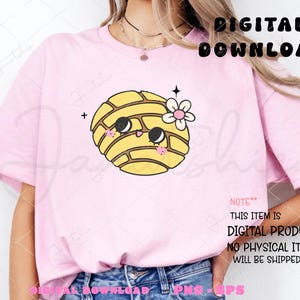 K&ouml;nnte beinhalten: Ein pinkfarbenes T-Shirt mit einer Cartoon-Illustration eines gelben Concha-Geb&auml;cks mit einem l&auml;chelnden Gesicht und einer rosa Blume. Der Text "DIGITAL DOWNLOAD" befindet sich oben im Bild und der Text "NOTE** THIS ITEM IS DIGITAL PRODUCT. NO PHYSICAL ITEM WILL BE SHIPPED." befindet sich unten im Bild.