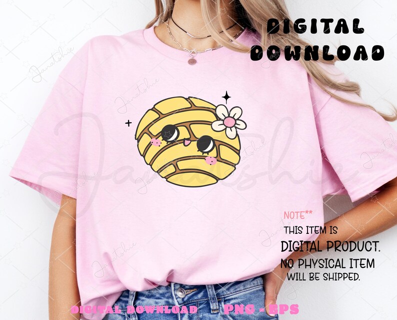 K&ouml;nnte beinhalten: Ein pinkfarbenes T-Shirt mit einer Cartoon-Illustration eines gelben Concha-Geb&auml;cks mit einem l&auml;chelnden Gesicht und einer rosa Blume. Der Text "DIGITAL DOWNLOAD" befindet sich oben im Bild und der Text "NOTE** THIS ITEM IS DIGITAL PRODUCT. NO PHYSICAL ITEM WILL BE SHIPPED." befindet sich unten im Bild.