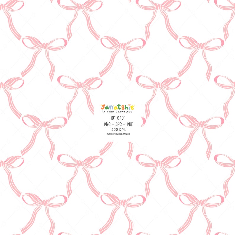 May include: A seamless pattern featuring pink bows on a white background. The bows are drawn in a simple, hand-drawn style.