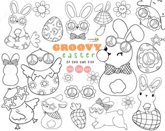 Groovy Easter SVG-clipartset, retro Bunny Chick-doodle (digitale download)